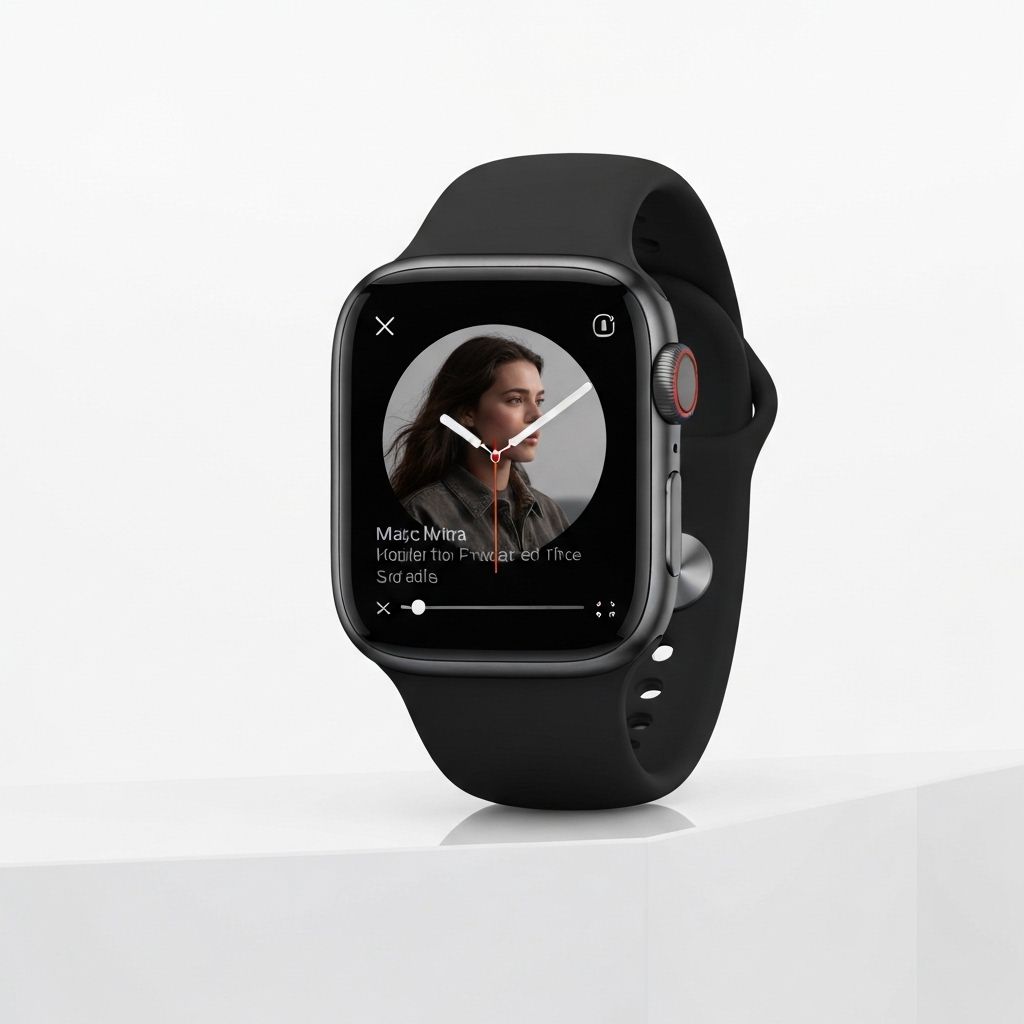 WaPlayer app interface displayed on an Apple Watch showing video player controls and playback options